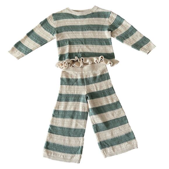 Jessica Simpson Knit 2 Pc Set Wide Leg Pants Ruffle Shirt Top Stripe Girls 4T - Picture 1 of 9